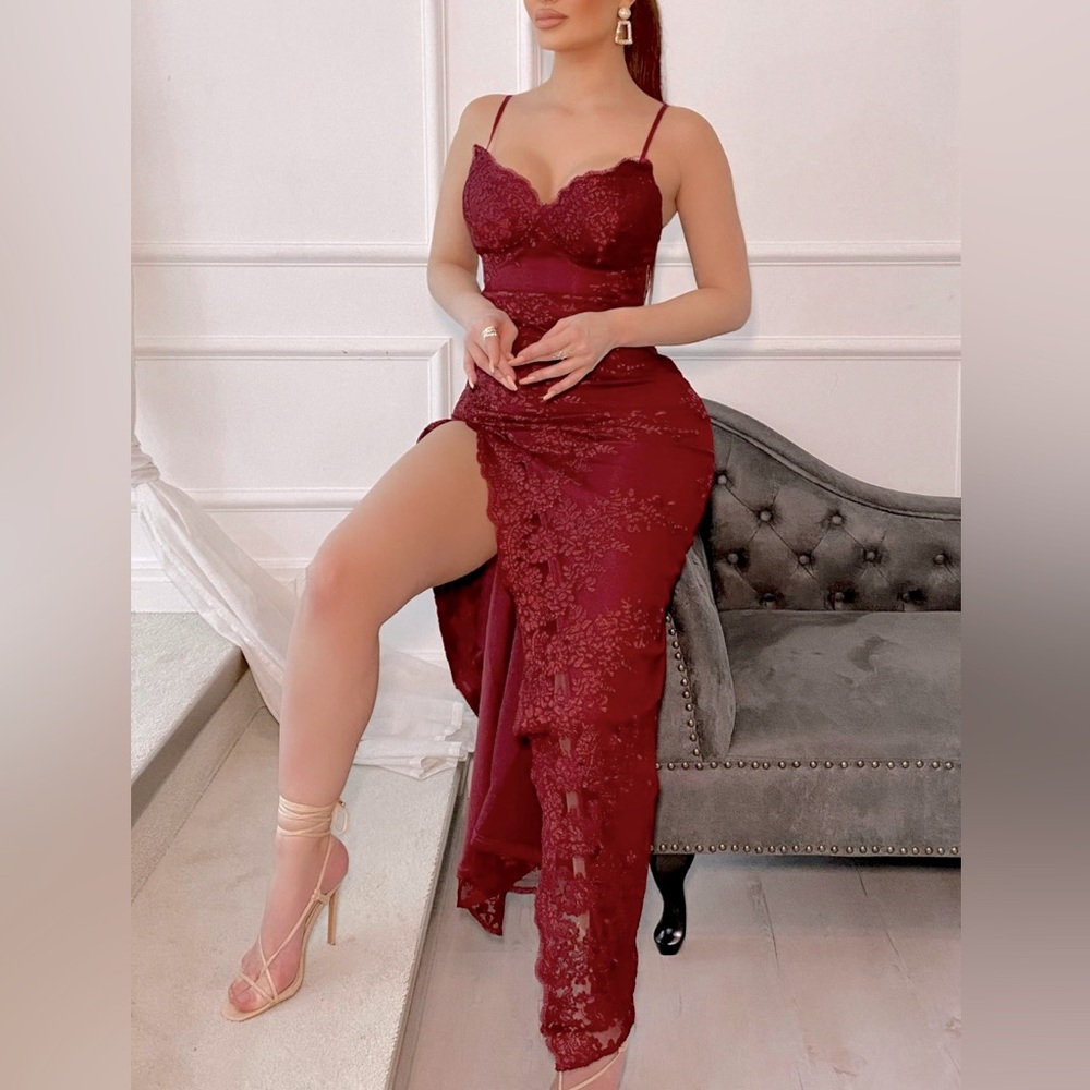 Beautiful Burgundy Lace Dress with. Side slit. Size Large